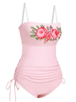 Pink 1940s Rose Strap One-piece Swimsuit -Retro Pulse Shop SCX001408 3