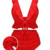 Red 1950s Solid Ruffled V-neck Straps Swimsuit
