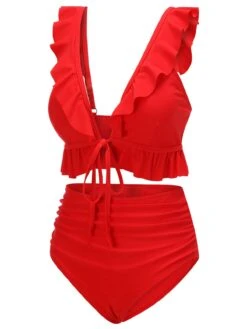 Red 1950s Solid Ruffled V-neck Straps Swimsuit -Retro Pulse Shop SCX001418 2