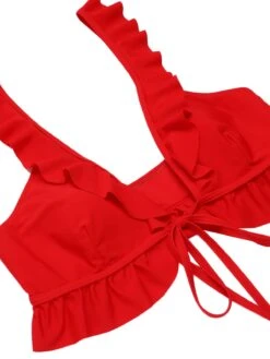 Red 1950s Solid Ruffled V-neck Straps Swimsuit -Retro Pulse Shop SCX001418 4