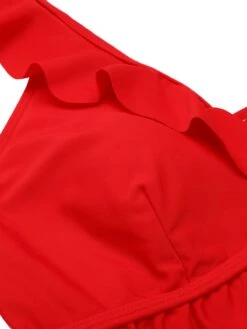 Red 1950s Solid Ruffled V-neck Straps Swimsuit -Retro Pulse Shop SCX001418 5