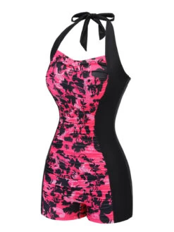Black & Pink 1950s Floral Halter Swimsuit -Retro Pulse Shop SCX001422 2