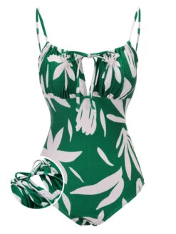 1960s Green Leaf Sleeveless Camisole Strap Swimsuit 13 1960s Green Leaf Sleeveless Camisole Strap Swimsuit -Retro Pulse Shop SCX001428 01