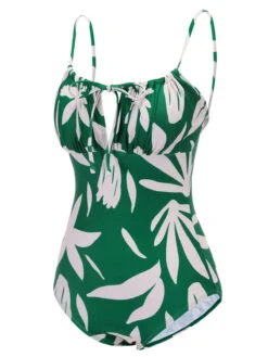 1960s Green Leaf Sleeveless Camisole Strap Swimsuit 15 1960s Green Leaf Sleeveless Camisole Strap Swimsuit -Retro Pulse Shop SCX001428 2