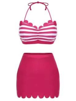 Rose Pink 1960s Stripes Halter Bikini Set -Retro Pulse Shop SCX001431 BRR 1