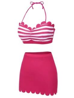 Rose Pink 1960s Stripes Halter Bikini Set -Retro Pulse Shop SCX001431 BRR 3