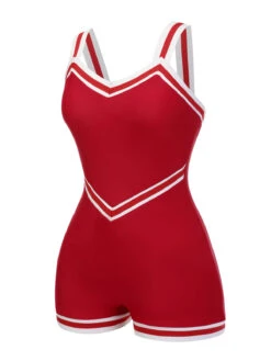Red 1940s Solid Patchwork V-Neck Swimsuit -Retro Pulse Shop SCX001436 3