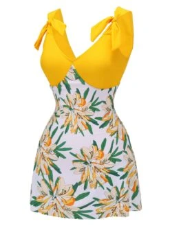 Yellow 1940s Floral Patchwork One-Piece Swimsuit -Retro Pulse Shop SCX001439 2 compressed