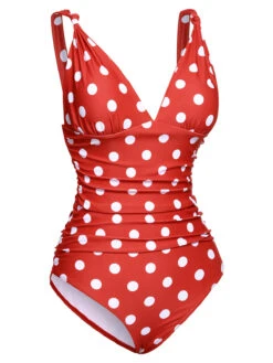 Red 1930s Polka Dot V-Neck Swimsuit -Retro Pulse Shop SCX001460 2