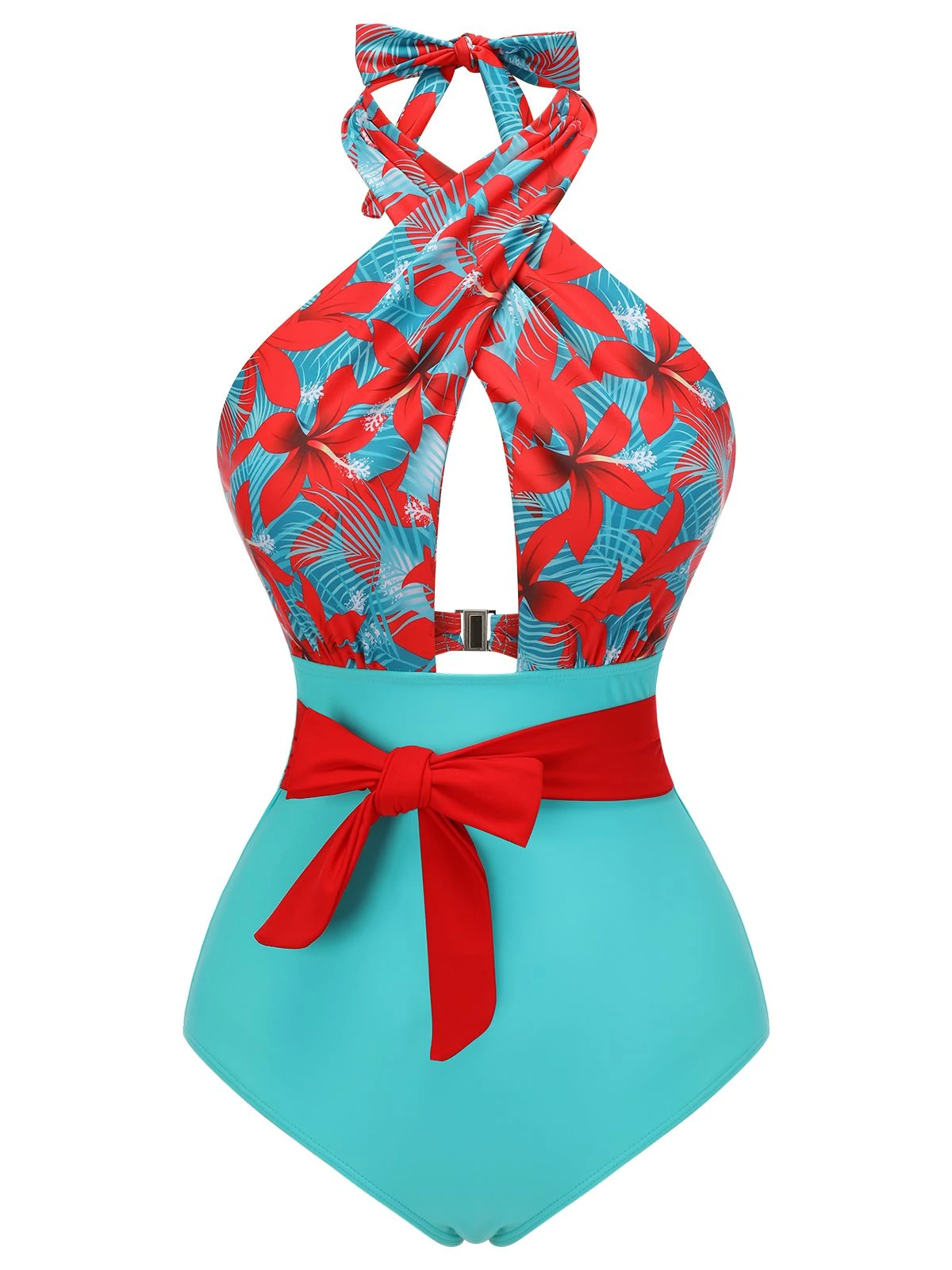 1950s Bow Tie Floral Cross Straps Swimsuit 4 1950s Bow Tie Floral Cross Straps Swimsuit - Image 2