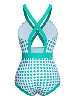 Green 1940s Polka Dot Bowknot One-Piece Swimsuit -Retro Pulse Shop SCX001481 3 compressed