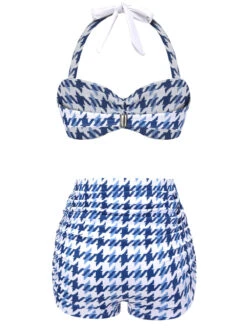Blue 1940s Houndstooth Bow Halter Swimsuit -Retro Pulse Shop SCX001492 2