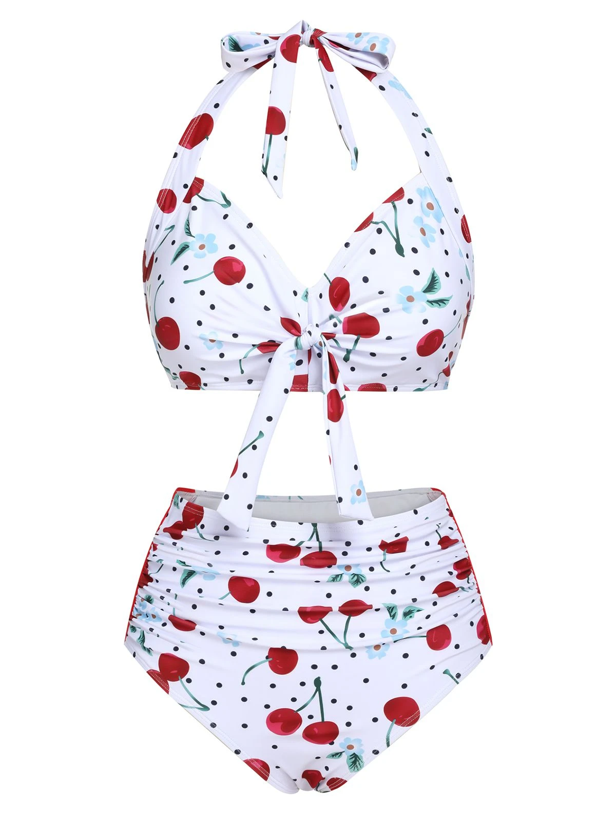 White 1950s Cherry Lace-Up Halter Swimsuit 4 White 1950s Cherry Lace-Up Halter Swimsuit - Image 2