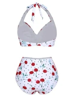 White 1950s Cherry Lace-Up Halter Swimsuit 12 White 1950s Cherry Lace-Up Halter Swimsuit -Retro Pulse Shop SCX001511 2 compressed