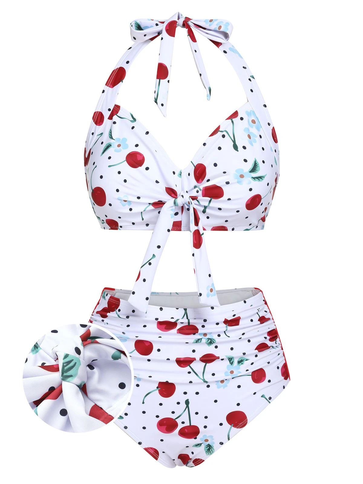 White 1950s Cherry Lace-Up Halter Swimsuit 3 White 1950s Cherry Lace-Up Halter Swimsuit