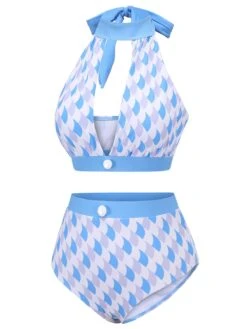 Blue 1940s Hole Collar Halter Swimsuit 11 Blue 1940s Hole Collar Halter Swimsuit -Retro Pulse Shop SCX001568 2