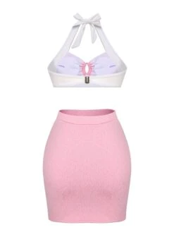 Pink 1940s Patchwork Lace-Up Halter Swimsuit -Retro Pulse Shop SCX001569 3 compressed