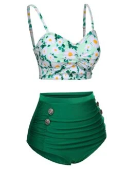 Green 1950s Daisy Strap Pleated Swimsuit -Retro Pulse Shop SCX001605 2 compressed