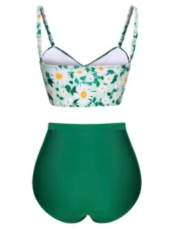 Green 1950s Daisy Strap Pleated Swimsuit -Retro Pulse Shop SCX001605 3 compressed