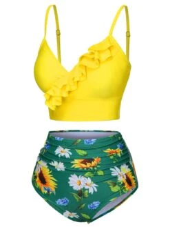 2PCS Yellow 1950s Sunflower Ruffles V-Neck Swimsuit -Retro Pulse Shop SCX001609 2 compressed