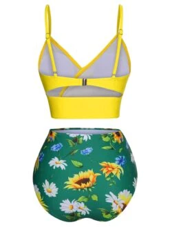 2PCS Yellow 1950s Sunflower Ruffles V-Neck Swimsuit -Retro Pulse Shop SCX001609 3 compressed