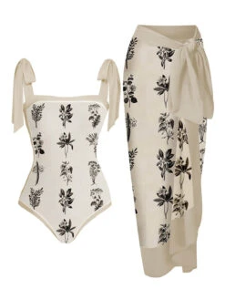Beige 1950s Ink Floral One-piece Swimsuit & Cover-up