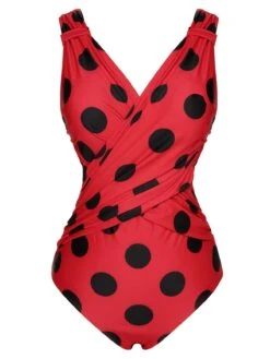 Red 1950s Polka Dots One-Piece Swimsuit -Retro Pulse Shop SCX001644 1 compressed