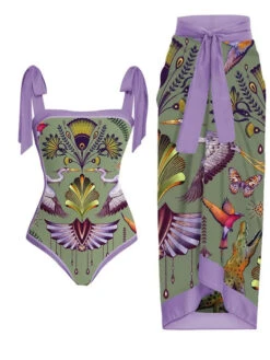 1950s Forest Animals Lace-up Swimsuit & Cover-up