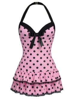 Pink 1940s Halter Polka Dots Bow One-Piece Swimsuit -Retro Pulse Shop SCXL000007 1 compressed