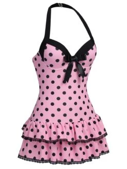 Pink 1940s Halter Polka Dots Bow One-Piece Swimsuit -Retro Pulse Shop SCXL000007 2 compressed