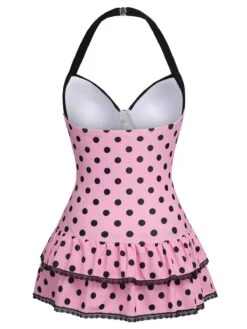 Pink 1940s Halter Polka Dots Bow One-Piece Swimsuit -Retro Pulse Shop SCXL000007 3 compressed