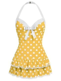 Pink 1940s Halter Polka Dots Bow One-Piece Swimsuit -Retro Pulse Shop SCXL000007 Y1 1