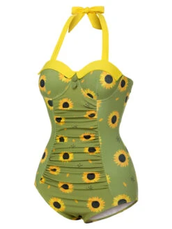 Green 1930s Sunflowers Halter Swimsuit -Retro Pulse Shop SCXL000008 2