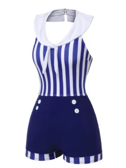 Navy Blue 1950s Striped Navy Collar Swimsuit -Retro Pulse Shop SCXL000012 2