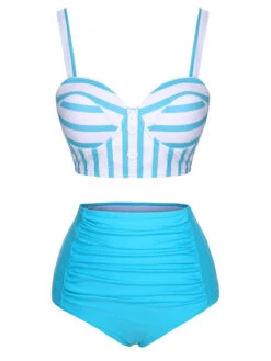 Light Blue 1950s Stripe Strap Swimsuit -Retro Pulse Shop SCXL000020 1