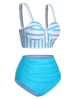 Light Blue 1950s Stripe Strap Swimsuit -Retro Pulse Shop SCXL000020 2