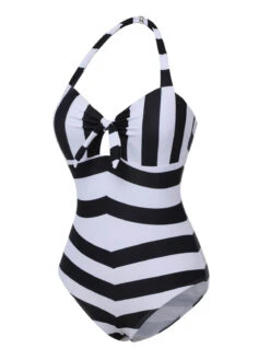 Black & White 1950s Barbie Stripes Halter Swimsuit -Retro Pulse Shop SCXL000027 2
