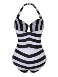 Black & White 1950s Barbie Stripes Halter Swimsuit -Retro Pulse Shop SCXL000027 3
