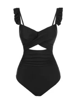 Black 1950s Solid Ruffled Strap Swimsuit -Retro Pulse Shop SCXL000028 1