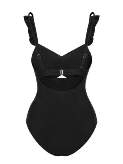 Black 1950s Solid Ruffled Strap Swimsuit -Retro Pulse Shop SCXL000028 2