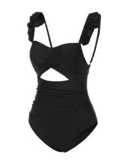 Black 1950s Solid Ruffled Strap Swimsuit -Retro Pulse Shop SCXL000028 3