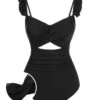Black 1950s Solid Ruffled Strap Swimsuit -Retro Pulse Shop SCXL000028 B