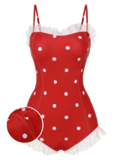 Red 1950s Mesh Polka Dot Swimsuit