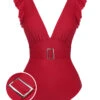 Red 1950s Solid Deep V-Neck Belt Swimsuit -Retro Pulse Shop SCXL00003 01