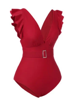 Red 1950s Solid Deep V-Neck Belt Swimsuit -Retro Pulse Shop SCXL000030 2