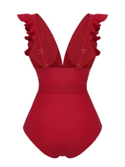 Red 1950s Solid Deep V-Neck Belt Swimsuit -Retro Pulse Shop SCXL000030 33