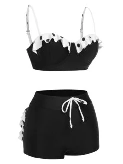 Black White 1950s Dots Layered Strap Swimsuit -Retro Pulse Shop SCXL000033 2