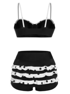 Black White 1950s Dots Layered Strap Swimsuit -Retro Pulse Shop SCXL000033 3