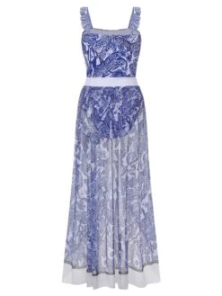 [Plus Size] 1960s Blue-and-white Porcelain Swimsuit & Cover-up -Retro Pulse Shop SCXL000038 3