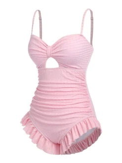 Pale Pink 1950s Solid Ruched Swimsuit -Retro Pulse Shop SCXL000042 2
